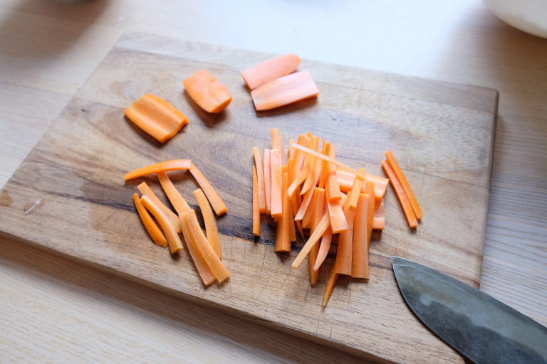 Carrots cut into thin elongated rectangles