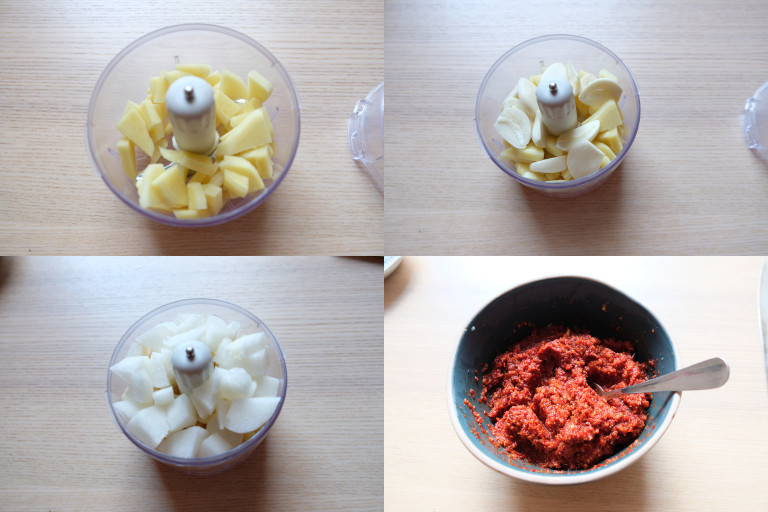 Collage of Kimchi paste ingredients and end result